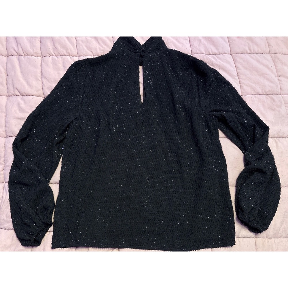 NEW Nine West Womens Black Longsleeve Tie Neck Sparkle Blouse Top, Size M - Picture 4 of 9